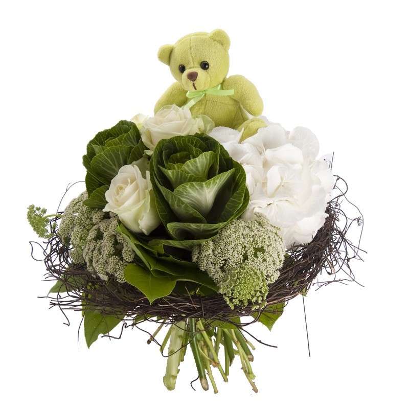 Bouquet De Fleurs Naissance Choux Et Ourson Hortensia Et Roses